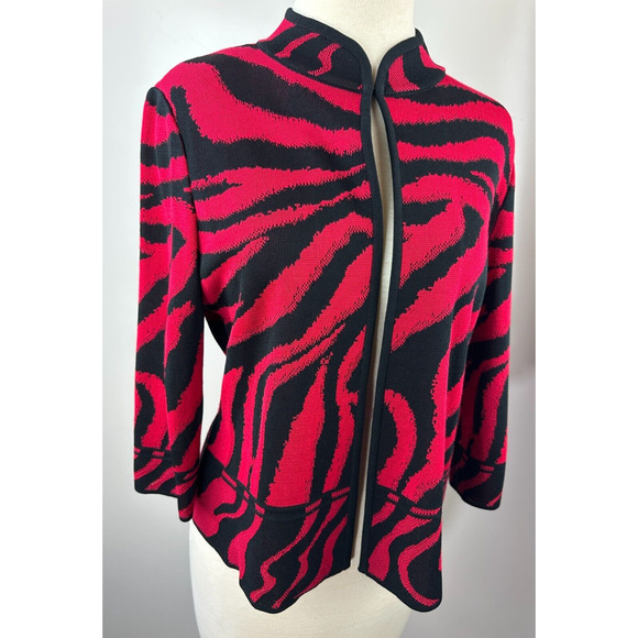 Ming Wang Open Front Knit Cardigan Jacket Red & Black Animal Print Tiger PM - Picture 15 of 16